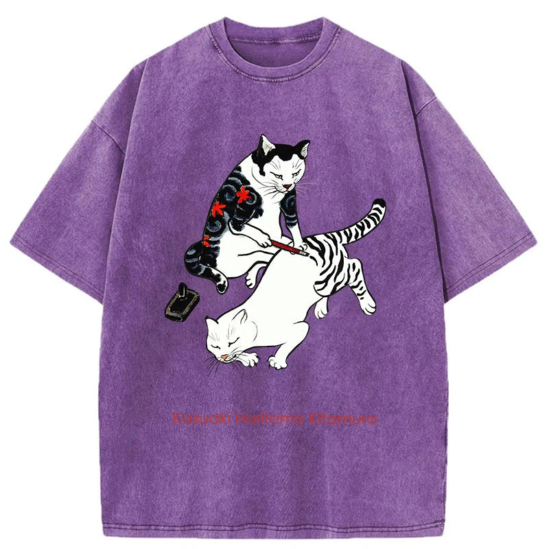 Modecanvas The Cat Is Tattooing Washed T-Shirt