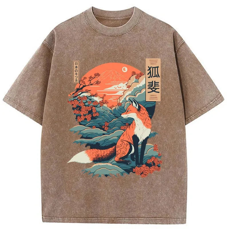 Modecanvas Japanese Kitsune Fox Sakura Washed T-Shirt
