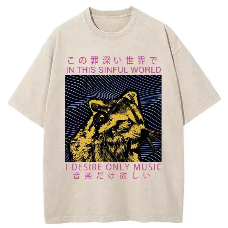 Modecanvas Raccoon Listening To Music Washed T-Shirt