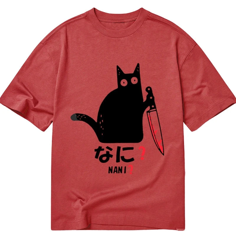 Modecanvas A Puzzled Cat Holding A Knife DTG Printing Classic T-Shirt-modecanvas