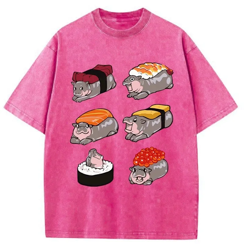Modecanvas Cute Hippo Sushi Washed T-Shirt