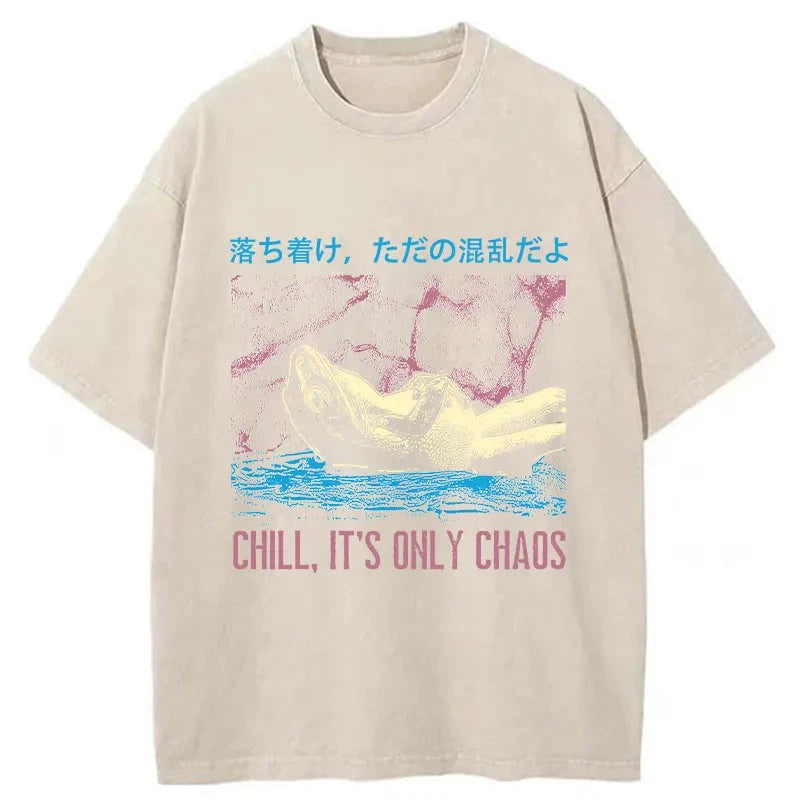 Modecanvas Stay Calm Frog Japanese DTG Printing Washed T-Shirt-modecanvas