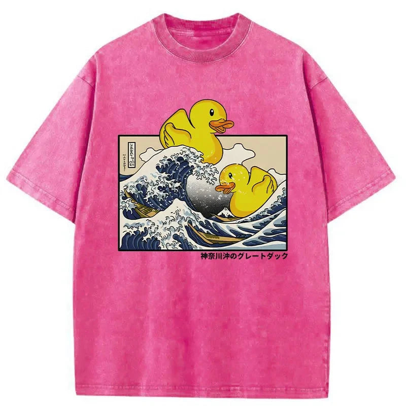 Modecanvas Ukiyoe Waves And Cute Yellow Duck Washed T-Shirt-modecanvas