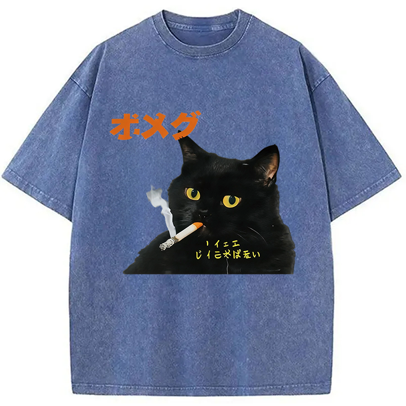 Modecanvas Smoking Cat Japanese DTG Printing Washed T-Shirt