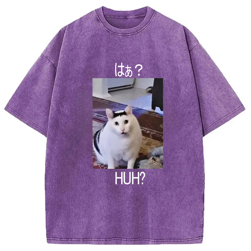 Modecanvas Huh? Funny Cat Meme Washed T-Shirt-modecanvas