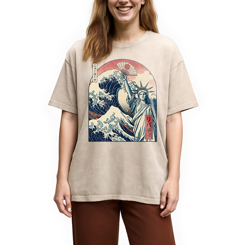 Modecanvas Ukiyo-e Statue Of Liberty DTG Printing Washed T-Shirt