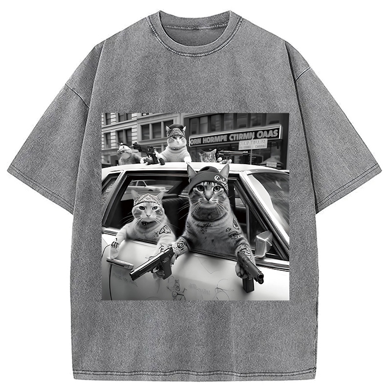 Modecanvas Funny Gangster Cats DTG Printing Washed T-Shirt-modecanvas