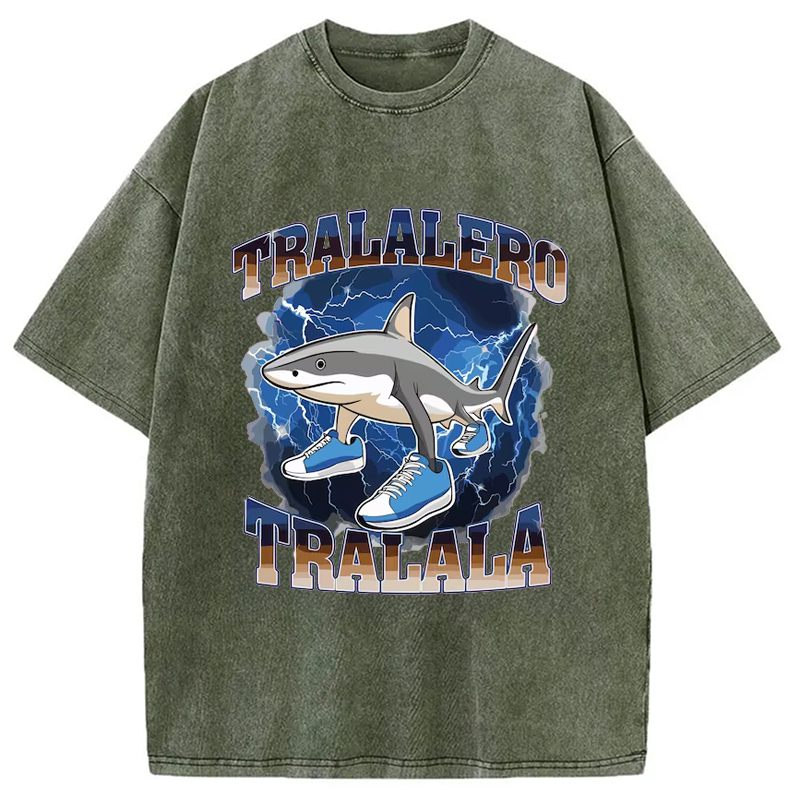 Modecanvas Tralalero Tralala Funny Shark Meme Washed T-Shirt-modecanvas