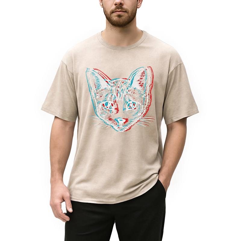 Modecanvas Psychedelic Weirdcore Cat DTG Printing Washed T-Shirt