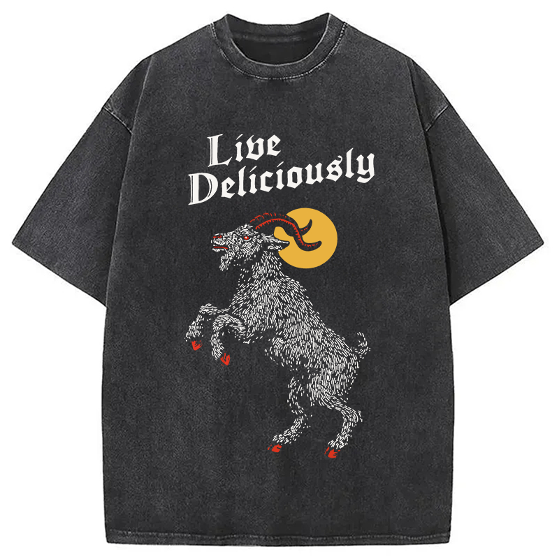Modecanvas Black Philip Live Deliciously DTG Printing Washed T-Shirt