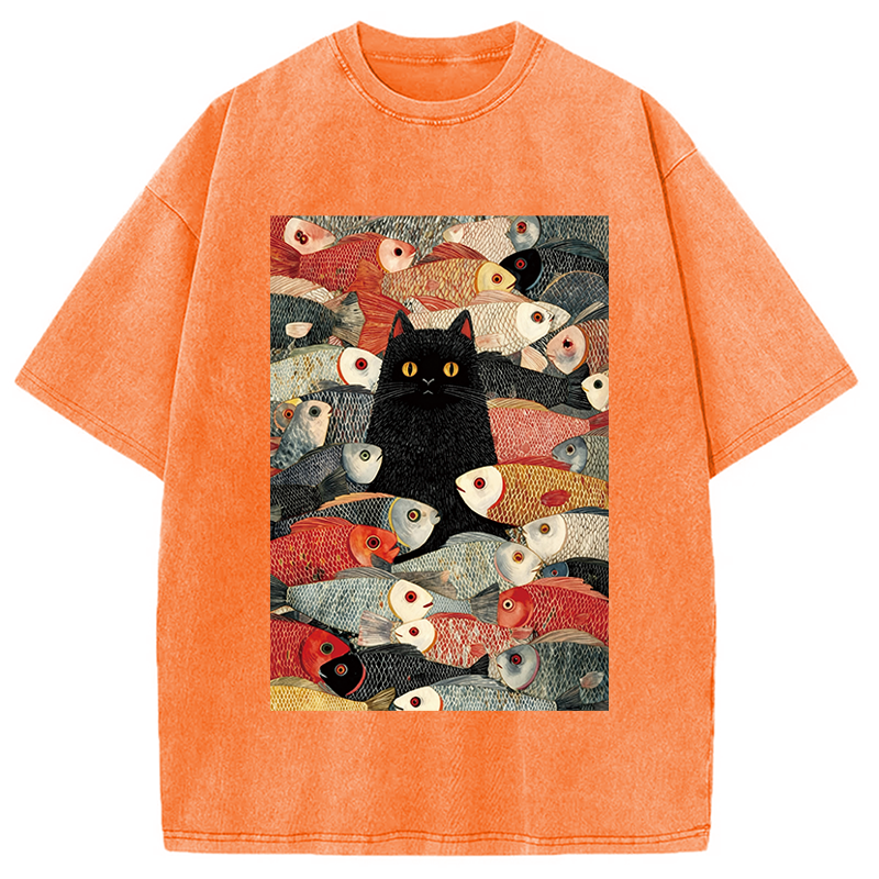 Modecanvas Black Cat Koi Fish Washed T-Shirt-modecanvas