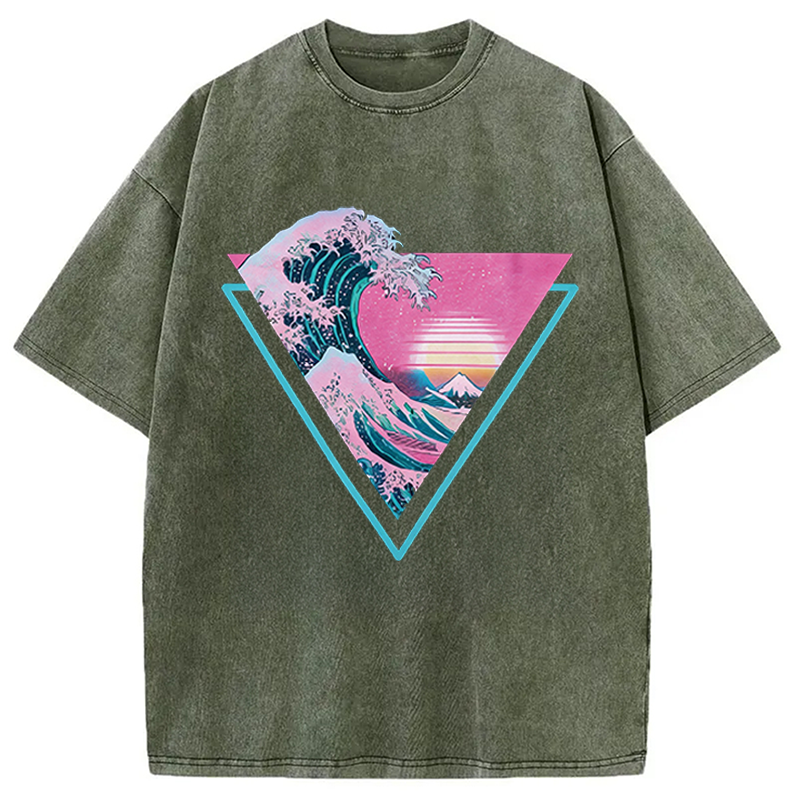 Modecanvas Great Wave Retro Triangle DTG Printing Washed T-Shirt