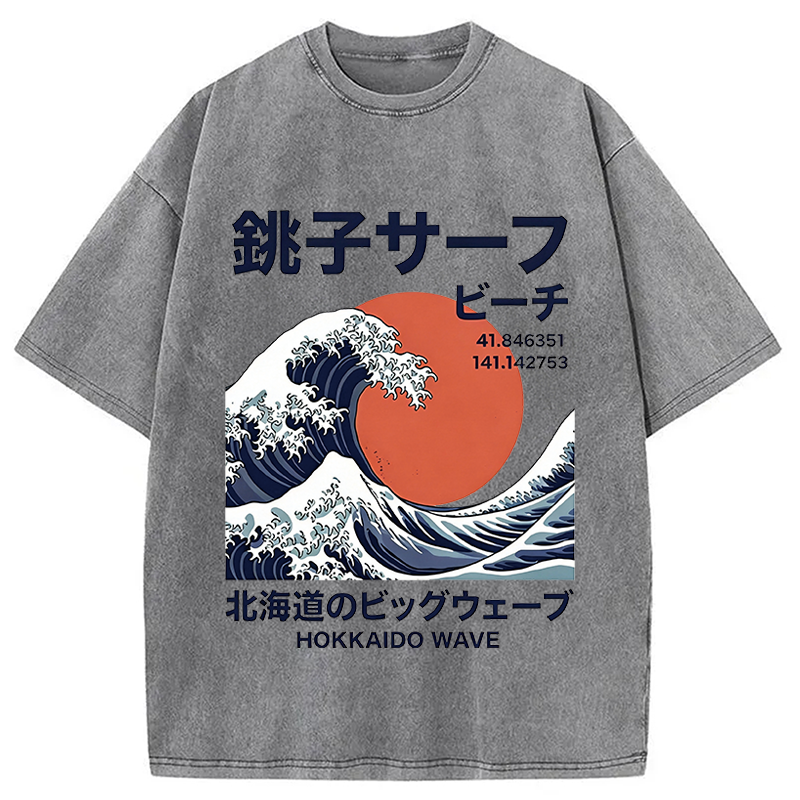 Modecanvas Hokkaido Wave Poster DTG Printing Washed T-Shirt