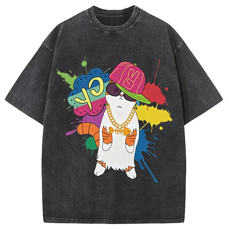 Modecanvas Hip Hop Cat DTG Printing Washed T-Shirt