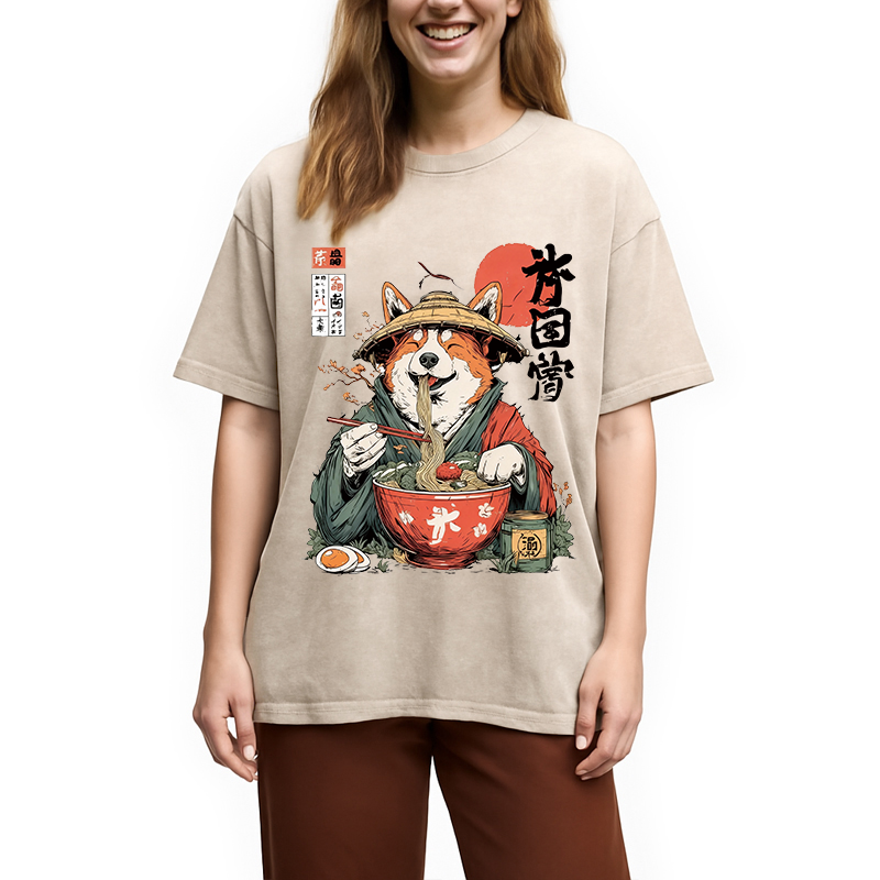 Modecanvas Corgi Eating Ramen DTG Printing Washed T-Shirt-modecanvas