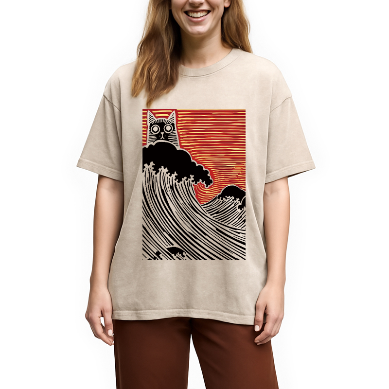 Modecanvas Japanese Cat Wave DTG Printing Washed T-Shirt