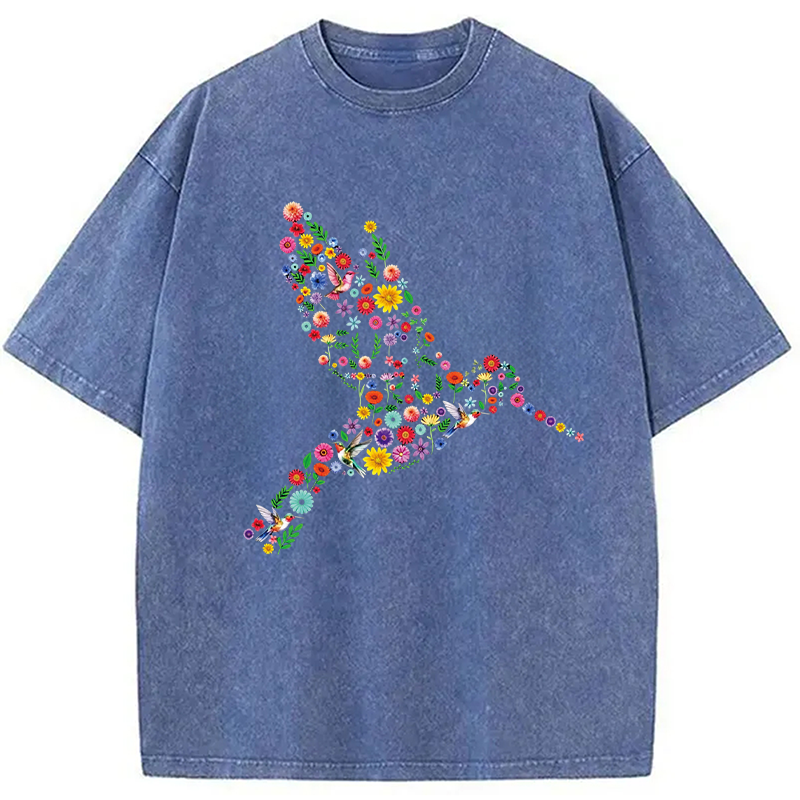 Modecanvas Floral Hummingbird DTG Printing Washed T-Shirt