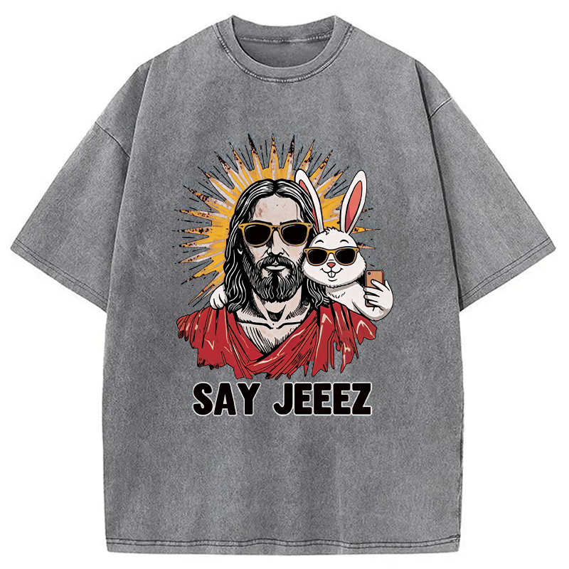 Modecanvas Say Jeeez Funny Easter DTG Printing Washed T-Shirt