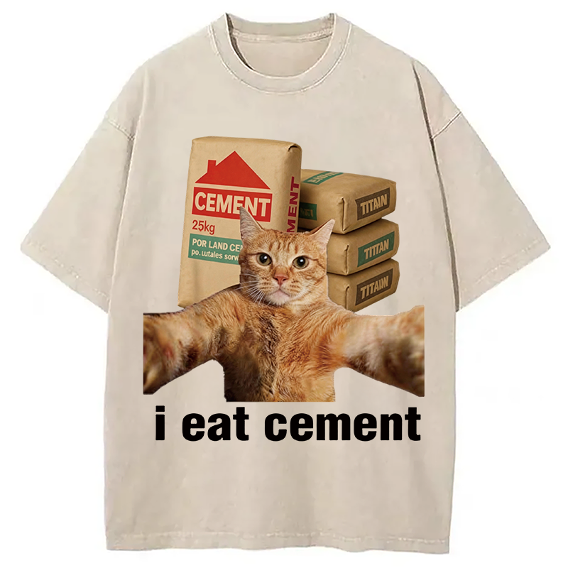 Modecanvas I EAT CEMENT Funny Cat Meme DTG Printing Washed T-Shirt