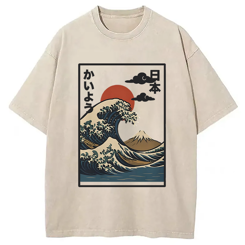 Modecanvas Ocean Wave Sun Japan Washed T-Shirt