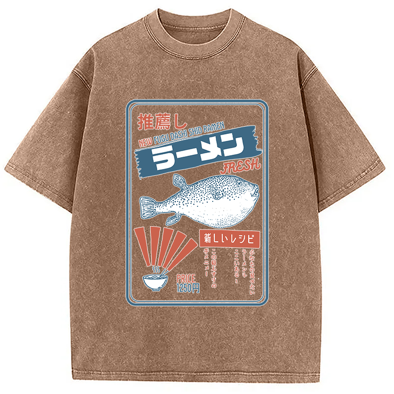 Modecanvas Vintage Fugu Puffer Fish Ramen Washed T-Shirt