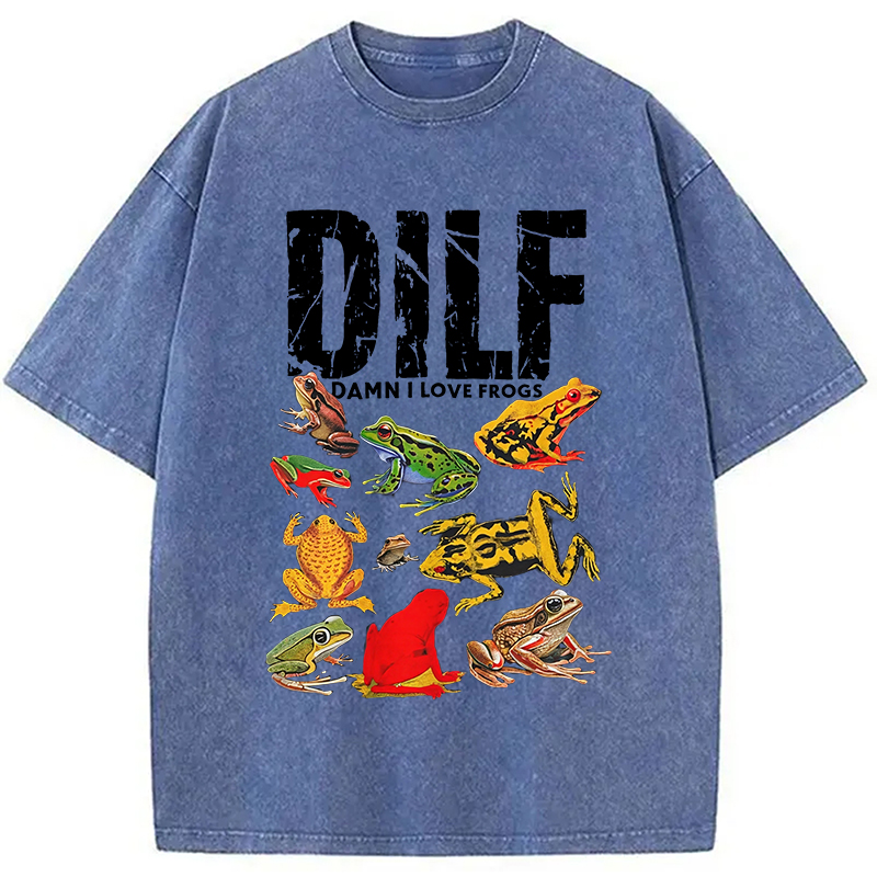 Modecanvas DILF Man I Love Frogs Funny Meme Washed T-Shirt-modecanvas