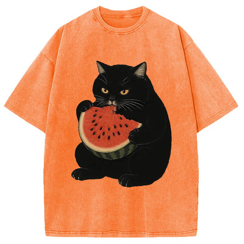 Modecanvas Black Cat Eating Watermelon Washed T-Shirt