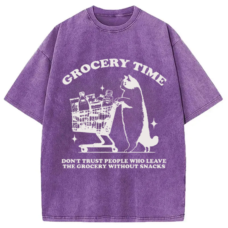 Modecanvas Grocery Time Funny Cat DTG Printing Washed T-Shirt