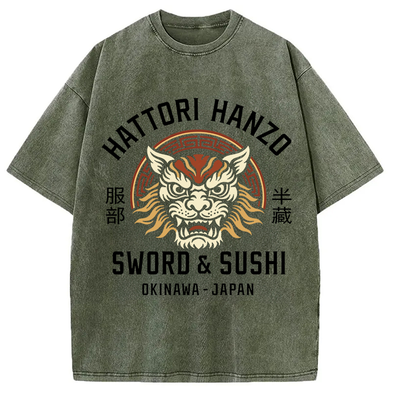 Modecanvas Hattori Lion Japanese Samurai DTG Printing Washed T-Shirt