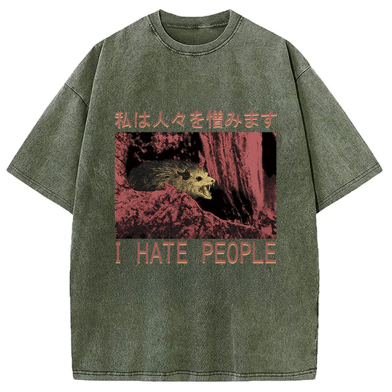 Modecanvas I Hate People Opossum DTG Printing Washed T-Shirt-modecanvas