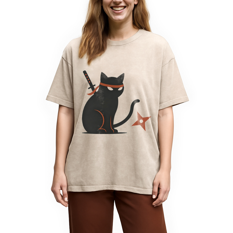 Modecanvas Japanese Ninja Neko Kimono Cat DTG Printing Washed T-Shirt