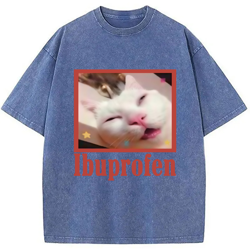 Modecanvas Ibuprofen Meme Cat Benny Cute Washed T-Shirt-modecanvas
