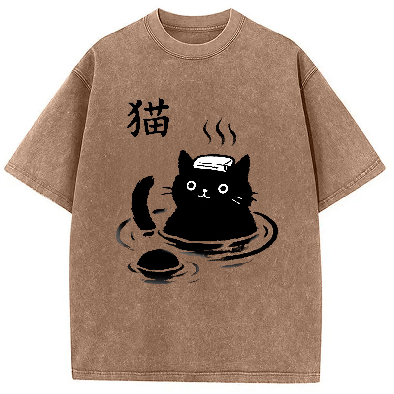 Modecanvas Cat Bathing In Hot Spring Washed T-Shirt