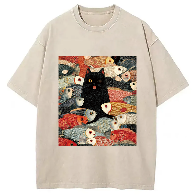 Modecanvas Black Cat Koi Fish Washed T-Shirt