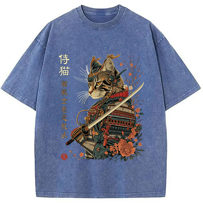 Modecanvas Japanese Samurai Cat DTG Printing Washed T-Shirt-modecanvas