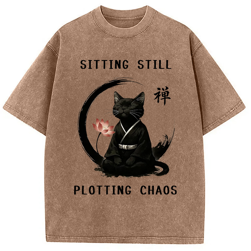 Modecanvas Sitting Calming Zen Cat Washed T-Shirt