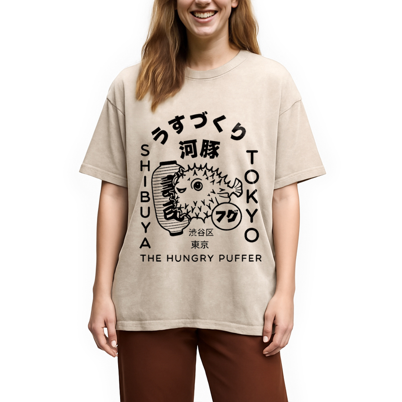 Modecanvas Japonais Puffer Fish DTG Printing Washed T-Shirt