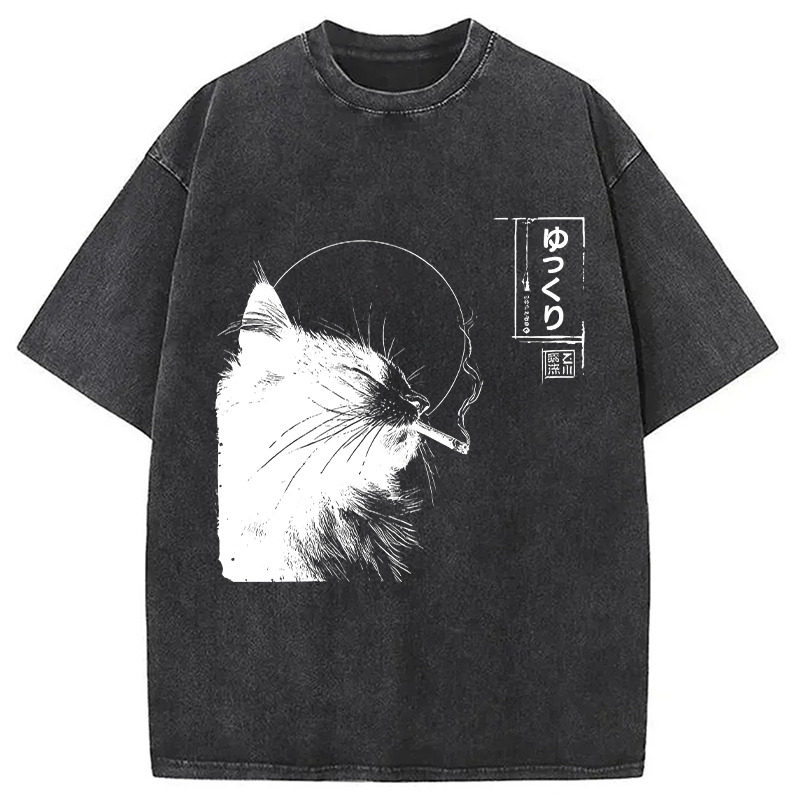 Modecanvas Stay Chill Smoking Cat DTG Printing Washed T-Shirt-modecanvas