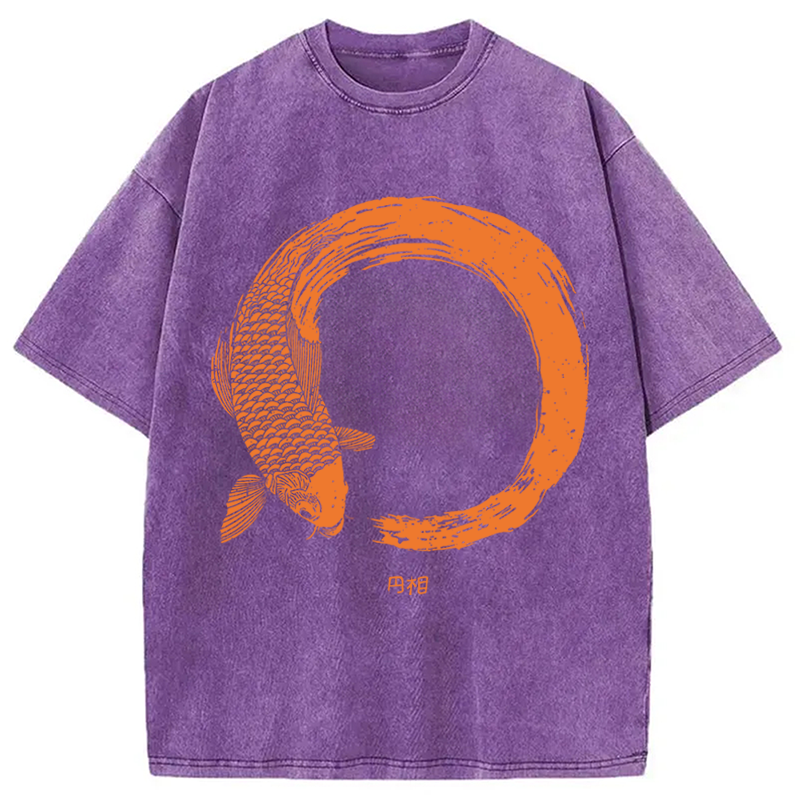 Modecanvas Orange Koi Fish Circle DTG Printing Washed T-Shirt