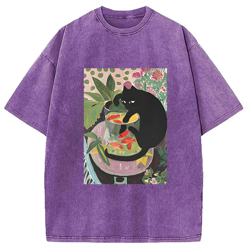 Modecanvas Goldfish And A Cat Washed T-Shirt