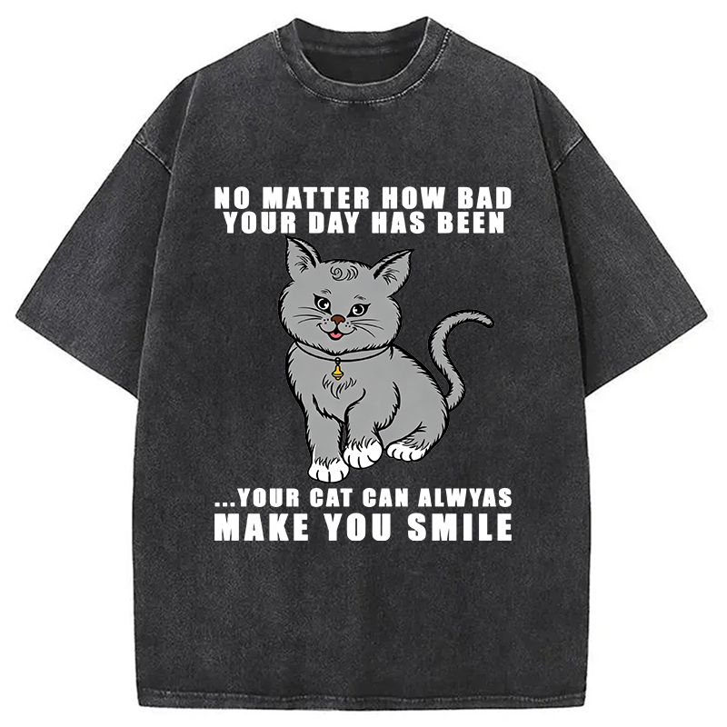 Modecanvas Funny Cat Make You Smile DTG Printing Washed T-Shirt