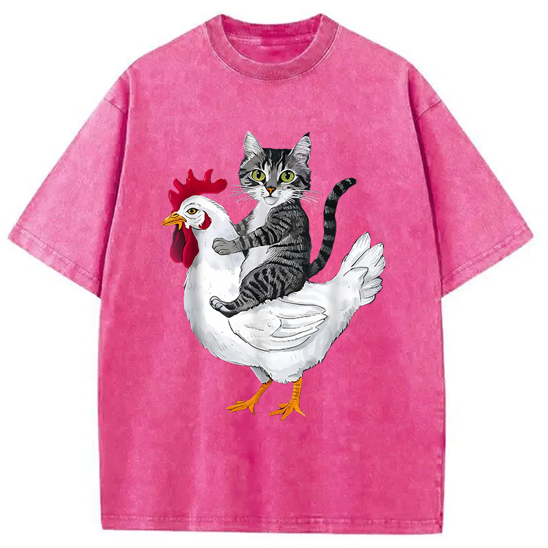 Modecanvas Funny Cat Riding Chicken Washed T-Shirt