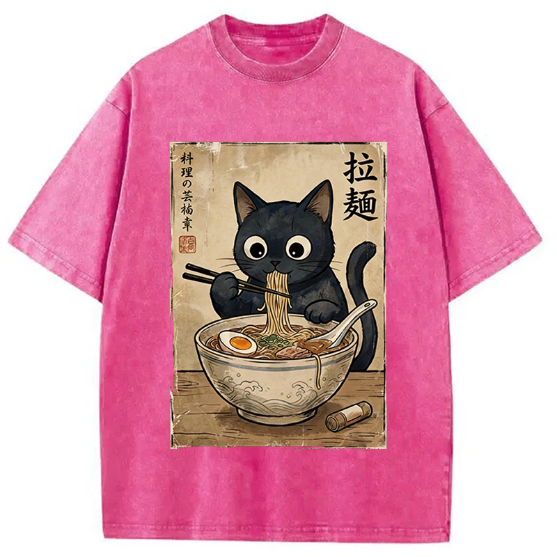 Modecanvas Kawaii Ramen Cat Retro DTG Printing Washed T-Shirt