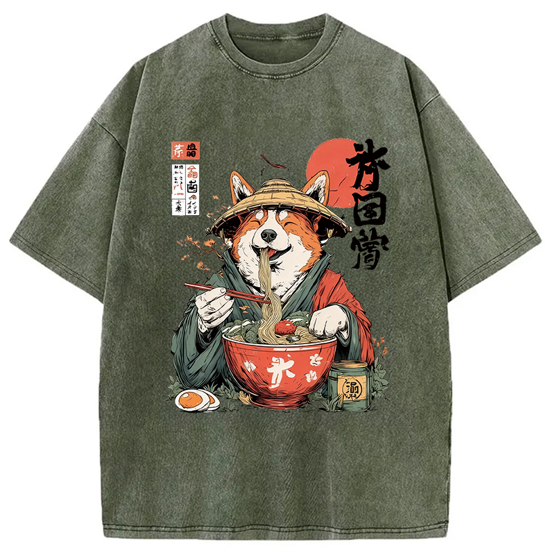 Modecanvas Corgi Eating Ramen DTG Printing Washed T-Shirt-modecanvas