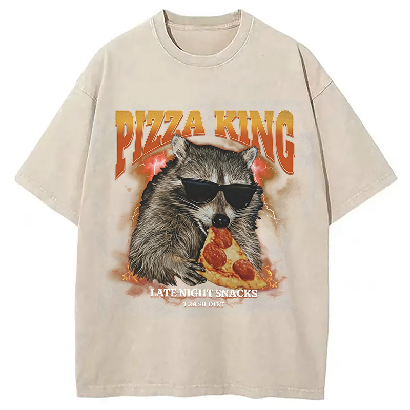 Modecanvas Raccoon Pizza King DTG Printing Washed T-Shirt