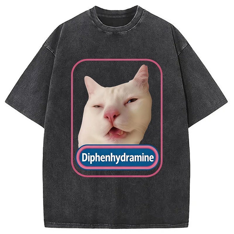 Modecanvas Funny Diphenhydramine Meme Cat Washed T-Shirt-modecanvas