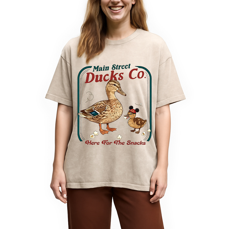 Modecanvas Funny Main Street Ducks Co Here For The Snacks DTG Printing Washed T-Shirt
