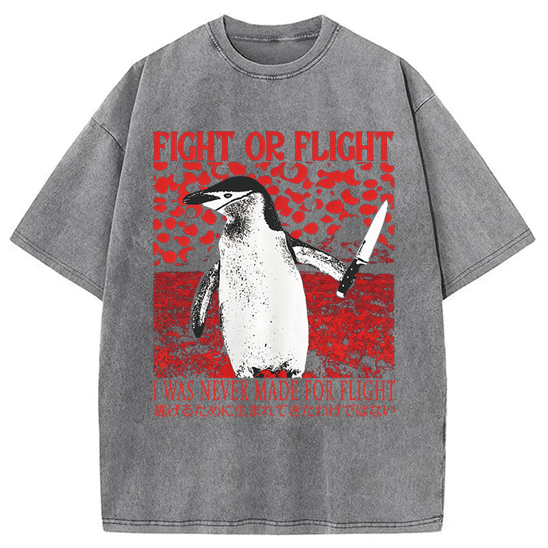 Modecanvas Vintage Japanese Funny Penguin DTG Printing Washed T-Shirt-modecanvas