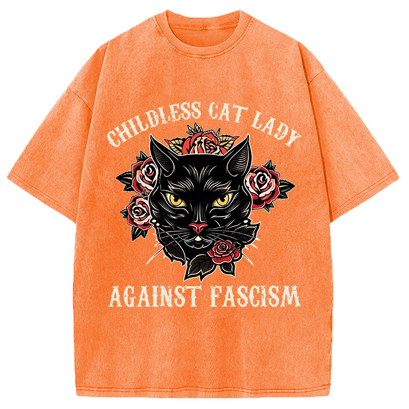 Modecanvas Childless Cat Lady Against Fascism Funny Cat Meme DTG Printing Washed T-Shirt