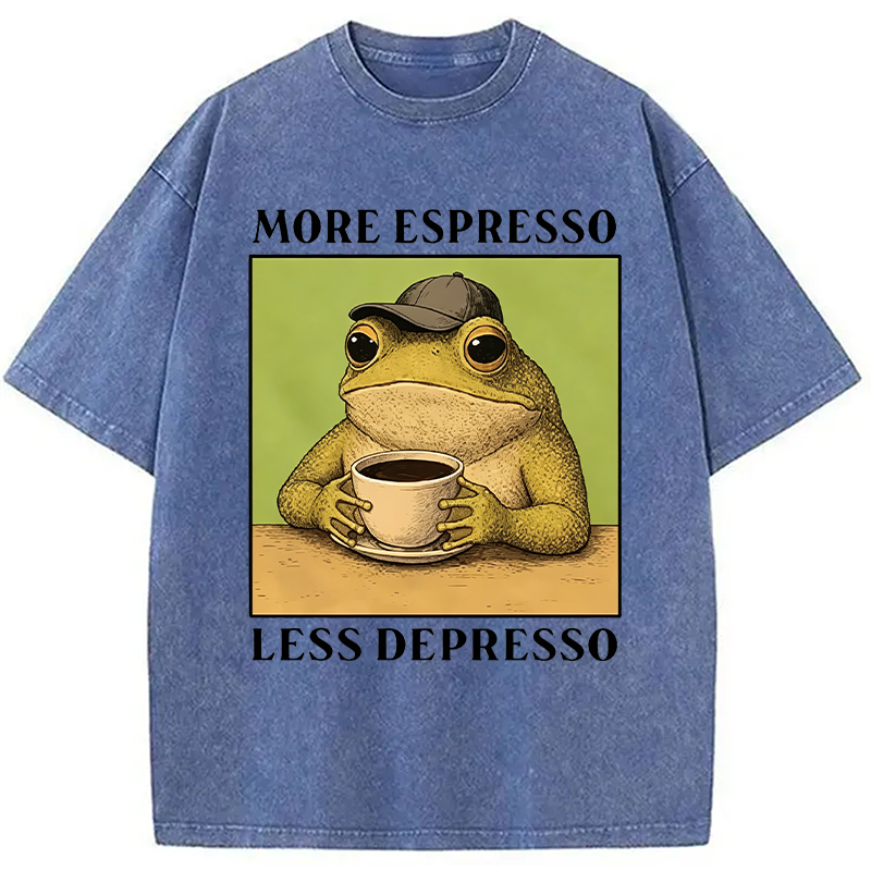 Modecanvas Frog Drinking Coffee Funny DTG Printing Washed T-Shirt